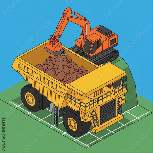 Isometric illustration of a dump truck being loaded with rocks by an excavator.