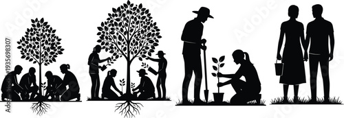 Tree planting silhouettes, gardening teamwork, sapling care, root growth, shovel digging, bucket carrying, pruning tasks, environmental conservation artwork design