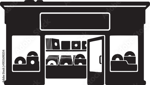 Minimalist Black and White Vinyl Record Storefront Icon - Flat Vector Illustration