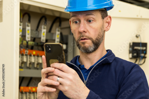 Scared man, worker in helmet after seeing instructions on mobile phone. Maintenance, circuit breaker in electrical substation