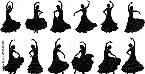 Flamenco dancer silhouettes collection with flowing dresses and expressive dance poses, traditional Spanish dance women set isolated on white