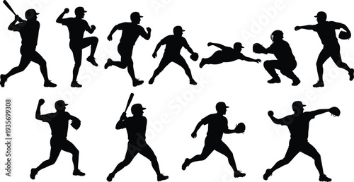 Collection of baseball player silhouettes showing batting, pitching, catching, running and diving actions isolated for sports design, team graphics, training materials