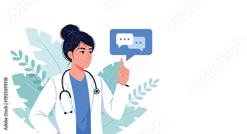 Cheerful female doctor with dark hair in a bun wears a white lab coat and stethoscope with speech bubbles and green leaves.