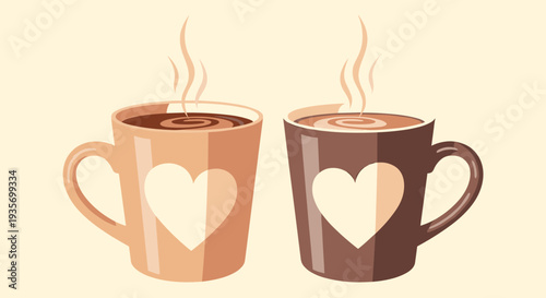 Pair of coffee mugs featuring heart designs and steam swirls in warm brown tones perfect for romantic breakfast or cafe themes.