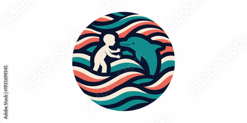 A playful illustration of a baby and dolphin swimming within swirling waves