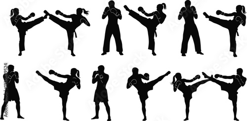 Kickboxing martial arts silhouettes, fighters kicking punching action poses, combat sport training vector isolated black set