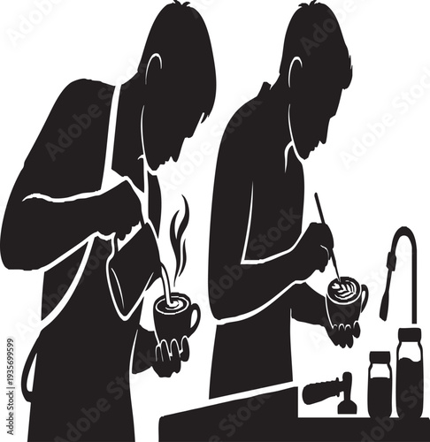 Professional Barista Latte Art Technique Silhouette Vector - Steamed Milk Pouring and Etching Coffee Design - Isolated High Contrast Graphic
