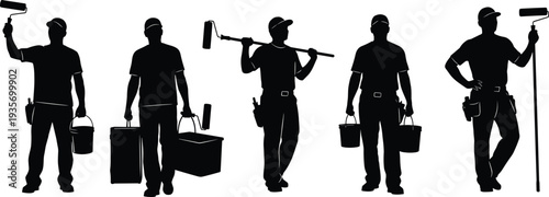 Professional painter worker silhouettes collection holding paint roller, bucket and toolbox, house painting contractor set isolated on white background
