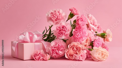 Pink Carnations Bouquet with Gift Box on Soft Pink Background