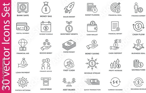 Banking finance line icon set. Money, cash, wallet, loan, savings, currency, budget. Finance line icons collection