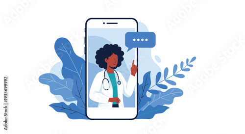 Mobile healthcare app concept with a female doctor avatar and speech bubble on a smartphone screen with blue leaf designs.