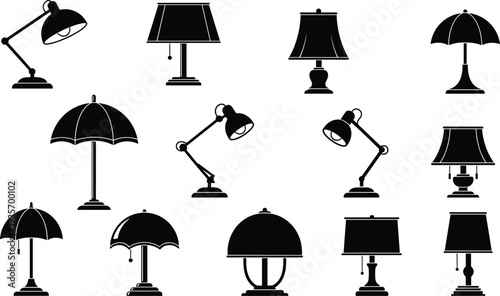 Collection of desk lamps and umbrella silhouettes set, vintage table light icons and classic umbrella shapes isolated, minimal black vector illustration for interior, lighting, and design projects