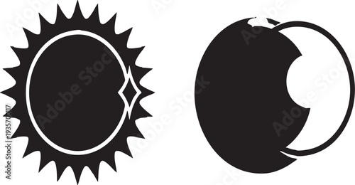 Solar and Lunar Eclipse Silhouette Icon Set - Simple Black and White Vector Art