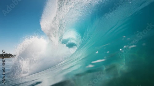 Wave Forms a Beautiful Blue Tube with Clear Water and White Foam