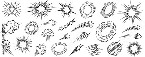 Hand drawn comic explosion effects collection with burst clouds speed lines arrows smoke blasts and dynamic action elements sketch vector illustration set