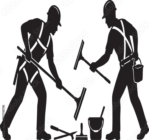 Window Cleaners Silhouette, Two Workers with Squeegees and Buckets Vector Illustration, Minimalist Service Icon isolated on White