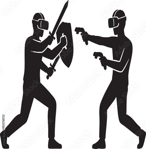 Virtual Reality Gaming Fight Silhouette Vector, Two VR Players in Combat with Swords, Shield, and Pistols, High Contrast Icon isolated on White