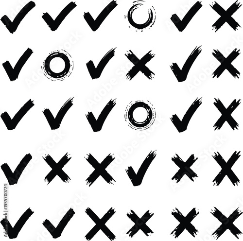 Grungy Checkmarks and Crosses Brush Strokes Set