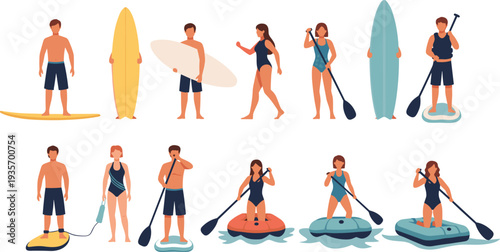 People surfing and paddleboarding in various poses and outfits surfers paddleboarders