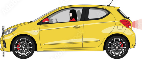 Side view of a modern yellow hatchback car with a female driver and active reverse parking sensor signal