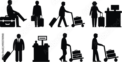 Airport travel silhouettes of business people with luggage