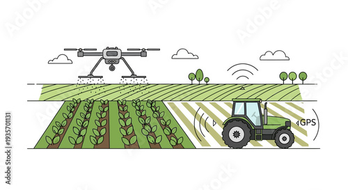 Modern farming illustration of a drone and tractor in a green field with smart farming technology