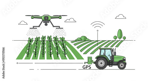 Modern farming illustration of a green tractor with GPS and drone flying over a field with smart farming technology for urban agriculture and business design
