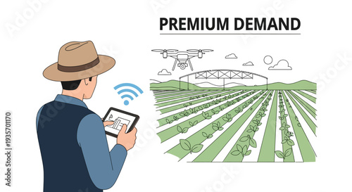 A farmer uses a tablet to control a drone flying over a modern, smart farm with green plants, rows of crops, and urban design elements