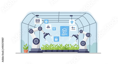 Modern urban farm illustration with smart farming technology and agrotech drone farming concept in a green and blue design, showcasing a futuristic business model