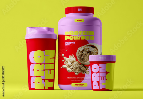Protein Supplement Mockup Set With Containers and Shaker Bottle