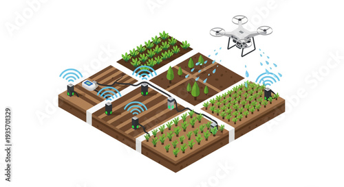 Modern smart farming illustration with drone and various green plants growing in organized plots with technology design elements