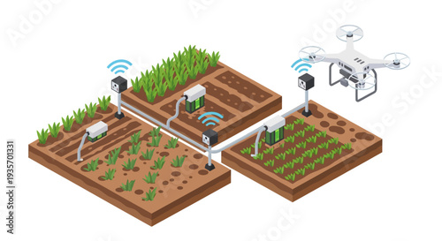 Modern smart farming technology illustration with drone and sensors monitoring green plants in urban farm design for efficient business operations