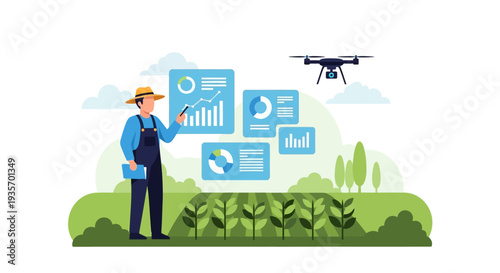A farmer in overalls and a hat examines smart farming technology graphs and charts with a drone flying overhead in a modern urban farm landscape with green plants