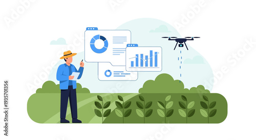 A farmer in a yellow hat examines smart farming technology data on a screen with a drone flying overhead in a modern urban farm landscape with green plants