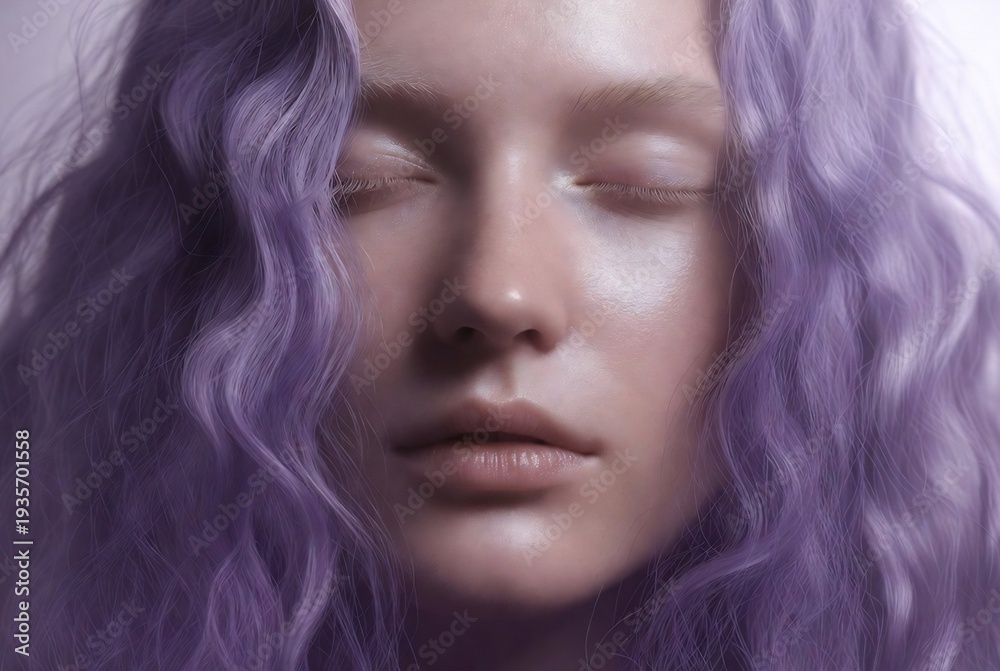 Naklejka premium A woman with purple hair is meditating, her eyes closed, in a dark studio setting.