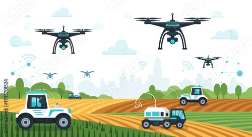 Modern farming illustration of drones and tractors in a smart farm with urban skyline in background, showcasing agrotech and smart farming technology