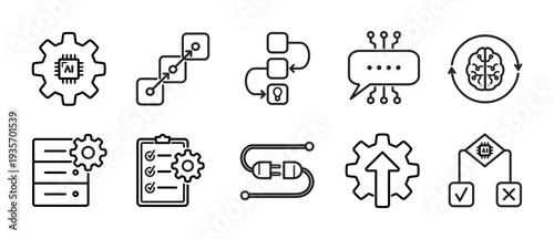 AI productivity and automation vector outline icon set. Includes workflow automation, machine learning, smart process, data processing, system optimization, and intelligent decision concepts