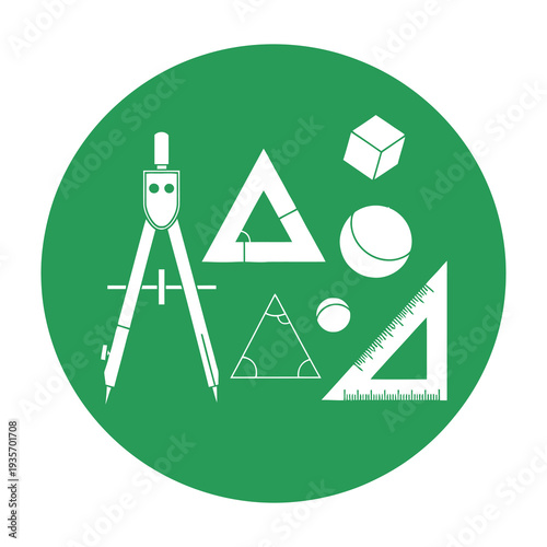 Mathematical tools and geometric shapes on green background for education