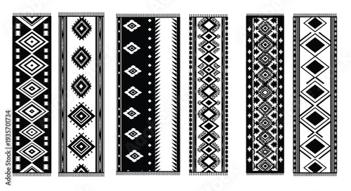 Six vertical bands displaying traditional black and white geometric patterns