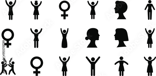 Collection of female silhouettes women icons and gender symbols showing profiles standing figures and empowerment concepts for feminism gender equality social identity design