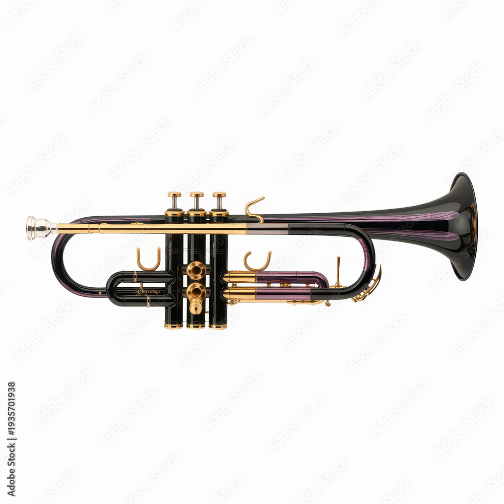 Naklejka premium Black and gold trumpet with purple accents shiny