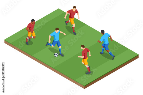 Isometric football match scene with five soccer player on green field. Sport team compete for ball during game play. Championship competition, teamwork, training and professional stadium sport event.
