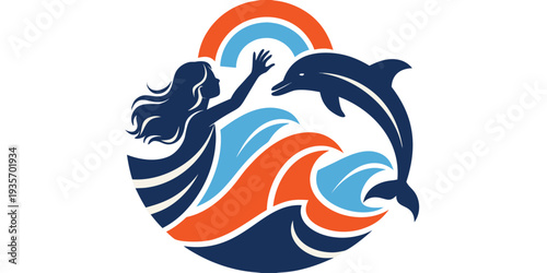 A stylized logo featuring a woman dolphins and ocean waves