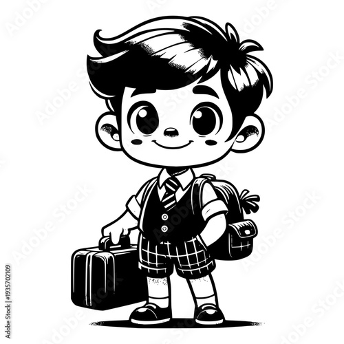 Ready for the School: A cheerful schoolboy, radiating an eagerness to start the day, stands with his schoolbag and suitcase ready for new educational adventures. 