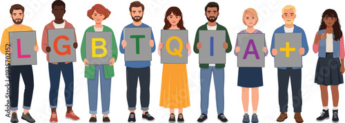 Diverse group of people holding L G B T Q I A plus sign boards lgbtqia lgbtq pride
