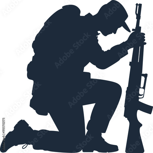 Soldier kneeling silhouette with rifle, military tribute vector illustration, respect remembrance concept, patriotic design, mourning symbol, honor representation, armed forces reflection