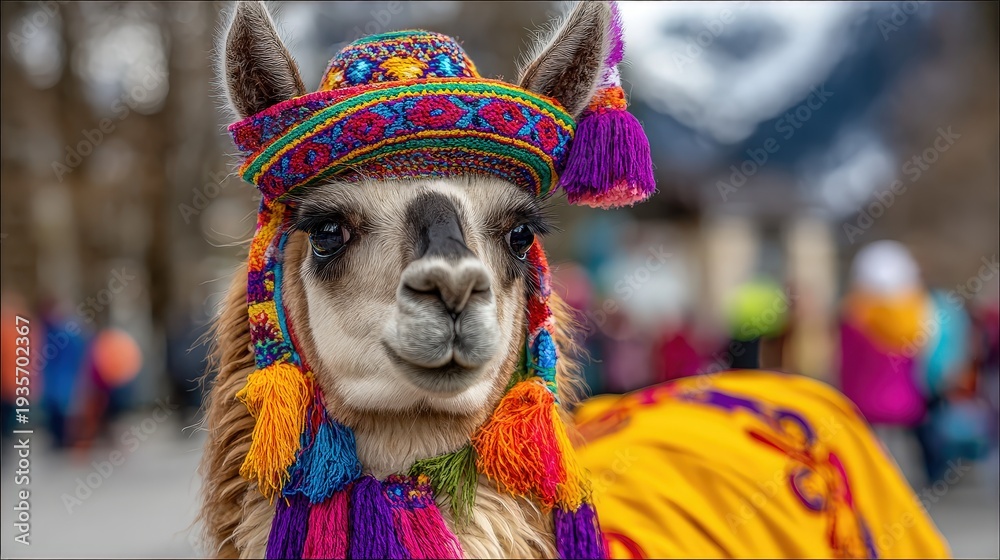 Naklejka premium Cute Llama in Traditional Colorful Peruvian Andean Hat and Tassels