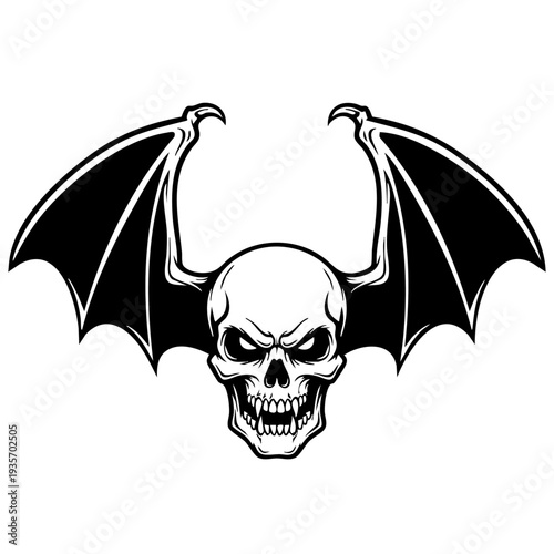 Menacing skull with bat wings illustration design.