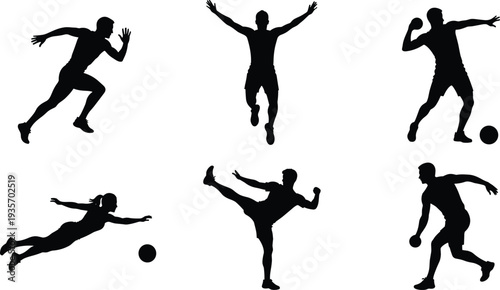 Collection of soccer player silhouettes showing running, jumping, kicking, dribbling and goalkeeper diving actions, isolated football athletes in dynamic sports poses for design and graphics