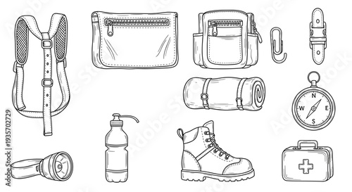 A collection of hiking and outdoor gear arranged on transparent background